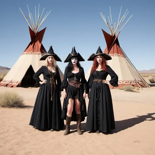 Prompt: Three witches in the desert in front of teepees with a pirate tied to the ground