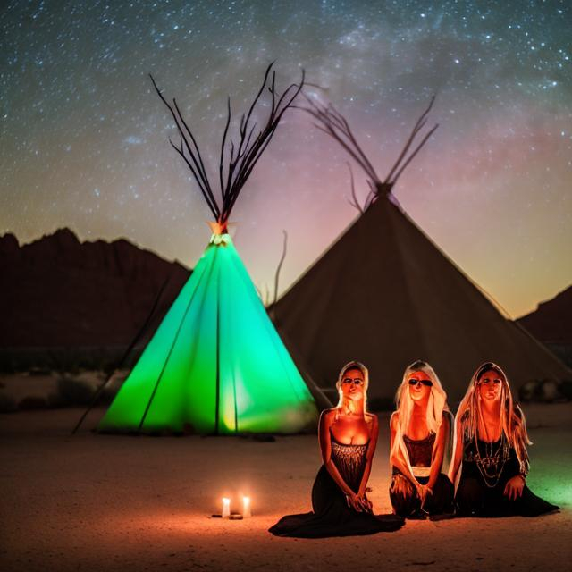 Prompt: Witches in the desert in front of a Teepee catching a green alien