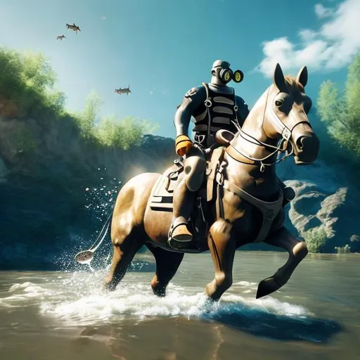 Prompt: Cowboy crossing a river on a horse frayed of water, wearing a scuba suit with flippers