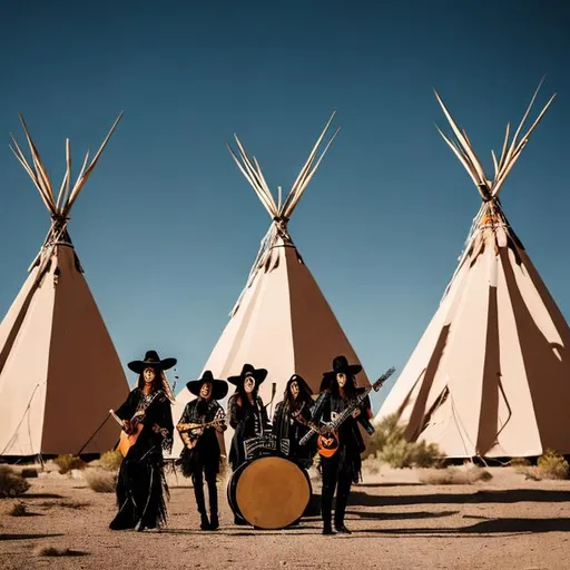 Prompt: all  witch band performing in the desert in front of teepees