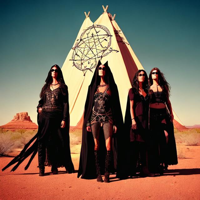 Prompt: A big Teepeein the desert, with a big pentagram painted on it, with three witches standing in front of it