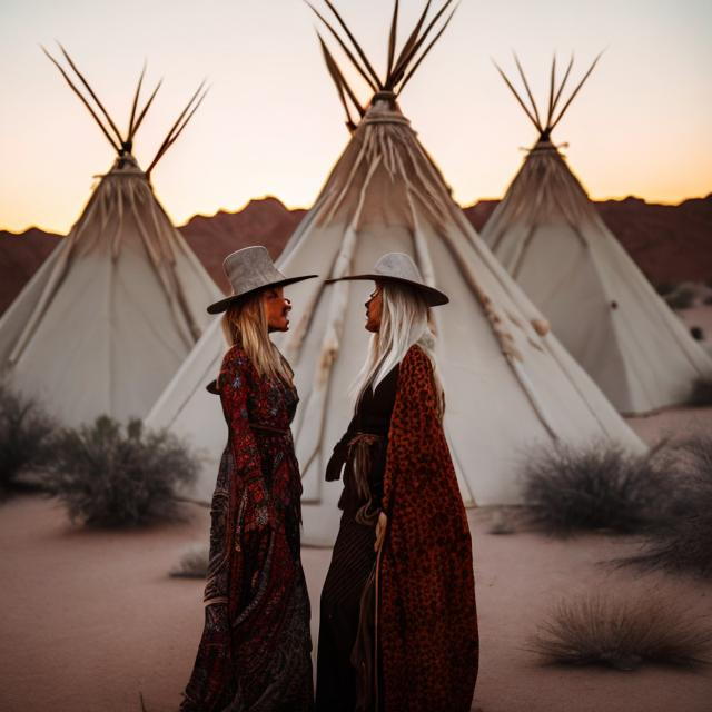 Prompt: Two witches in the desert in front of teepees kissing each other