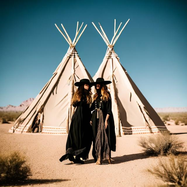 Prompt: Two witches in the desert in front of teepees kissing each other