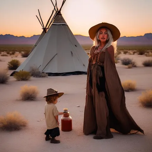 Prompt: A witch in the desert in front of a Teepee holding up a glass jar with a little boy in it