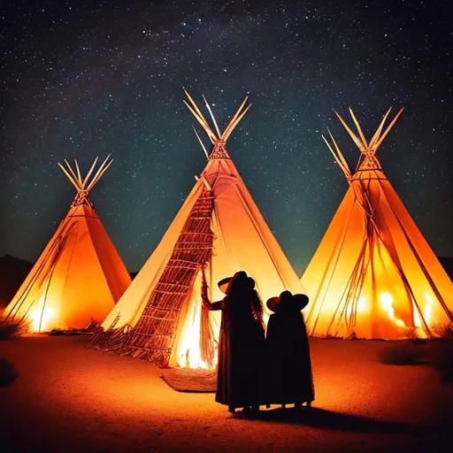 Prompt: Three witches in the desert at night in front of teepees, passionately, hugging, and kissing