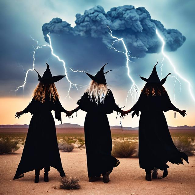 Prompt: Three witches in the desert in front of teepees with a dark cloud over the top of them and lightning coming out of their fingertips