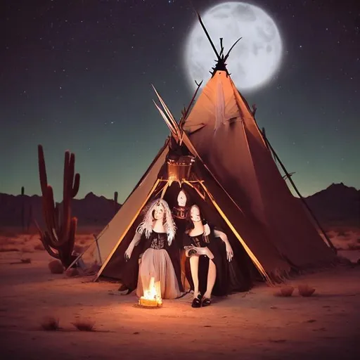 Prompt: Vampire witches in the desert in front of a Teepee