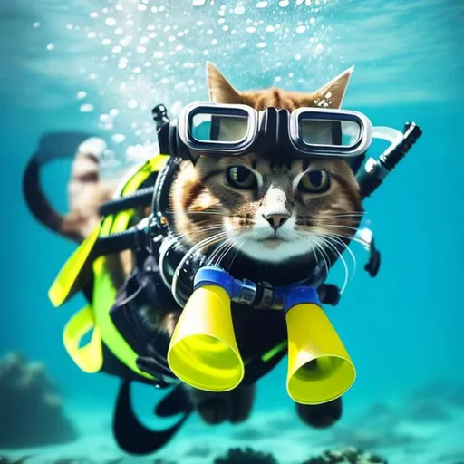 Prompt: Cat with a scuba mask and snorkel  over his head under the water