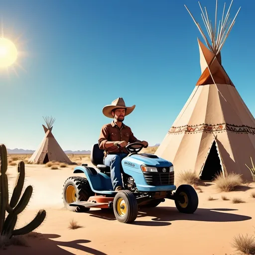 Prompt: Cowboy in the desert on a lawnmower, mowing grass in front of a teepee