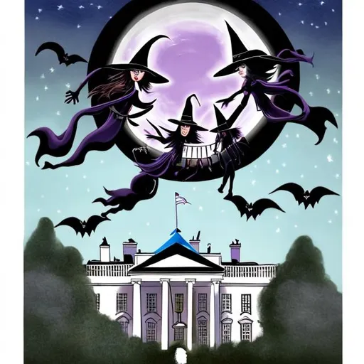 Prompt: Witches flying over the White House