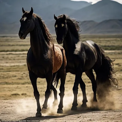 Prompt: The red headed, Stranger, from red rock Montana rode in town one day under his knees was a raging black stallion following behind was a bay