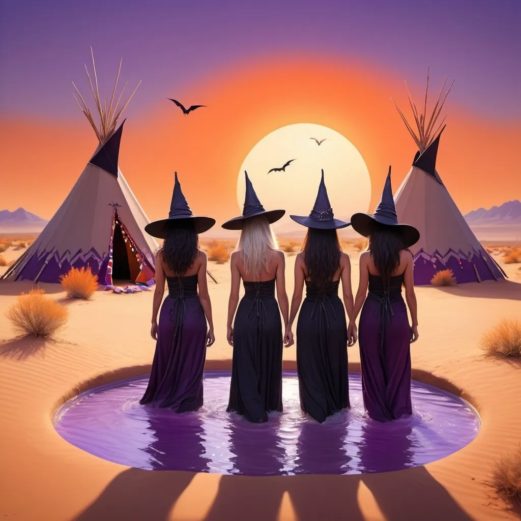 Prompt: Three witches in in the desert in front of teepees in a kiddie pool