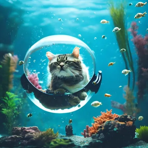 Prompt: Cat with a round glass fish tank over his head under the water