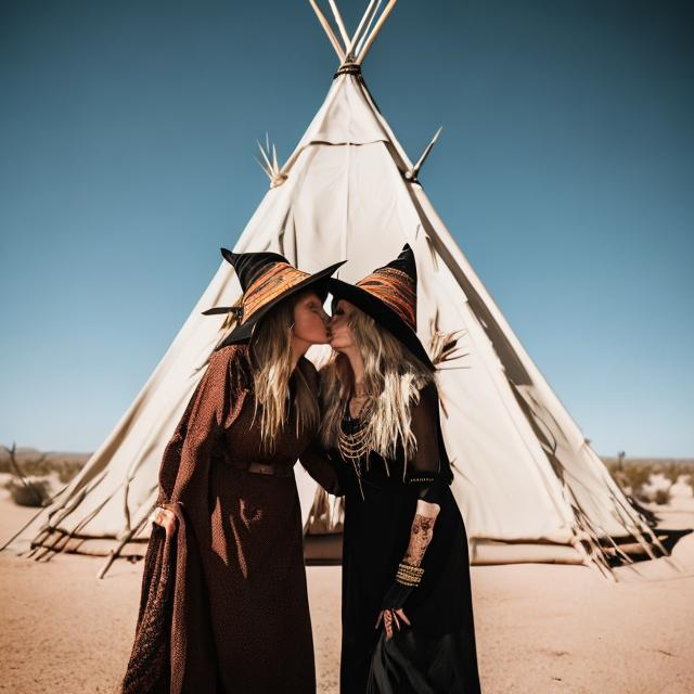 Prompt: Two witches in the desert in front of  teepees hugging and kissing