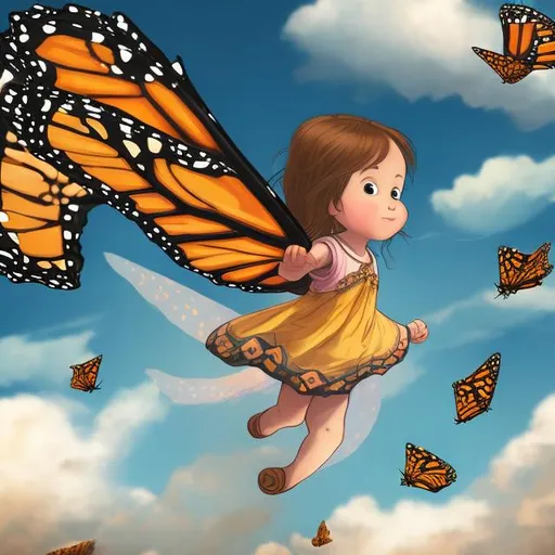 Prompt: A little girl riding on a giant monarch butterfly in the air