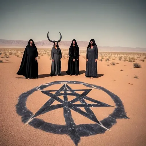 Prompt: A big pentagram in the desert, with three witches standing in front of it