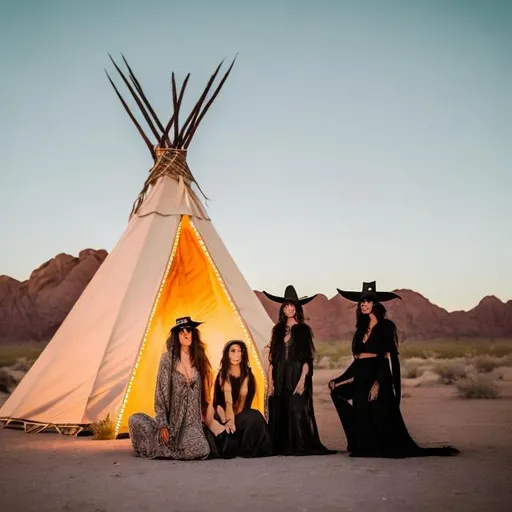 Prompt: Witches in the desert in front of a Teepee turning into a werewolf