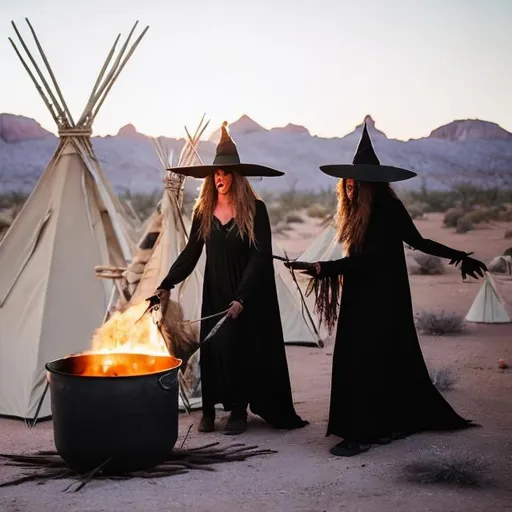 Prompt: witches  stirring a big black pot in the desert in front of a Teepee