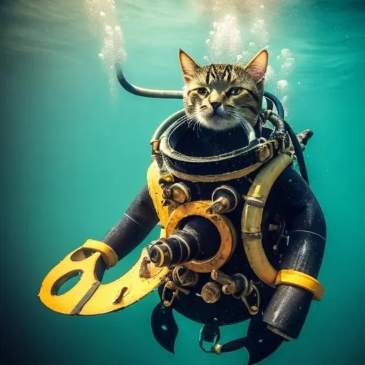 Prompt: Cat with an old style diving suit on under the water