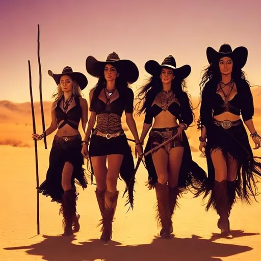 Prompt:  Female Witches in the desert, flying on your broom sticks chasing Cowboys