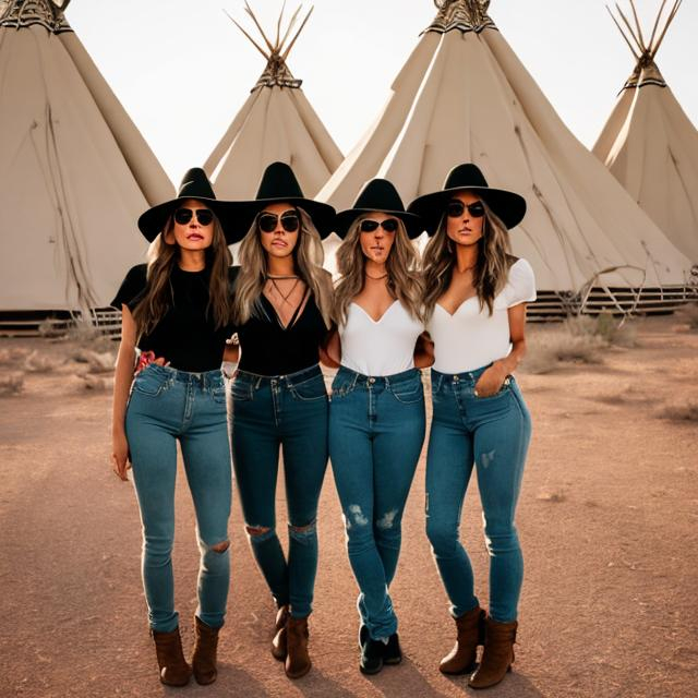 Prompt: Three witches in the desert in front of teepees wearing very tight denim jeans