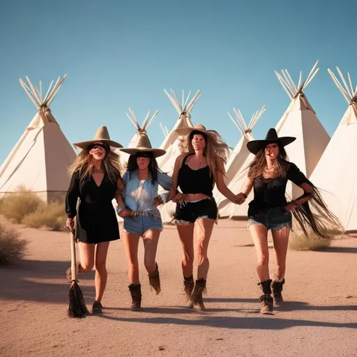 Prompt: Witches in shorts in the desert in front of their teepees, running off a stranger on their broomsticks