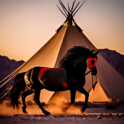 Prompt: A raging black stallion with red eyes in the desert in front of a  teepee