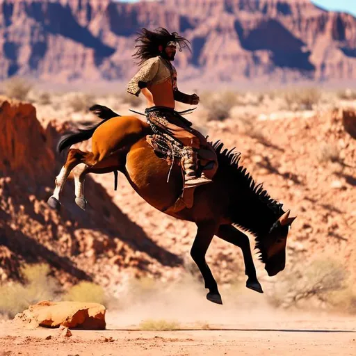 Prompt: Comanche warrior in the desert, jumping off of his horse on the buffaloes back