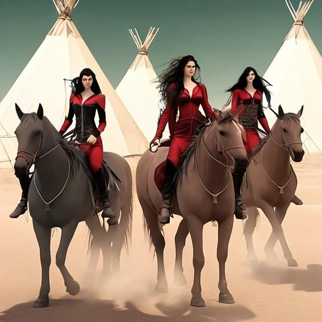 Prompt: Vampire women riding a horse in the desert around the teepees