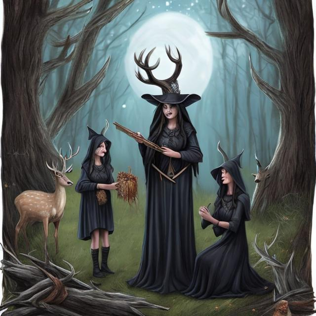 Prompt: Dark witches standing in front of a TP getting a deer