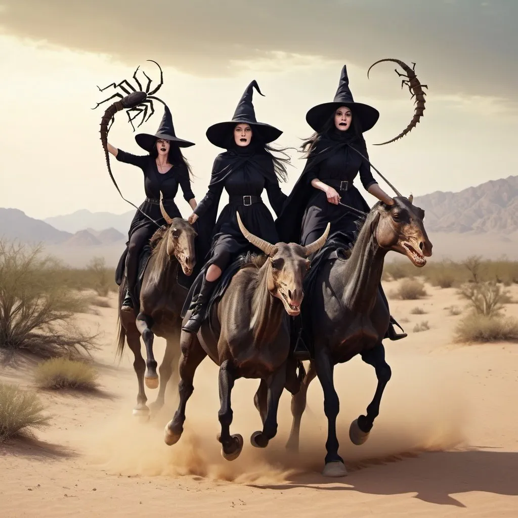 Prompt: Three witches in the desert on a horse back chasing a giant scorpion