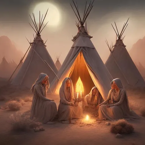 Prompt: Three witches performing surgery in desert, teepees in the background, mystical atmosphere, high quality, detailed, digital painting, eerie, warm earth tones, mystical lighting, desert setting, detailed facial features, magical operation, witchcraft, supernatural, desert landscape, teepees, mystical atmosphere