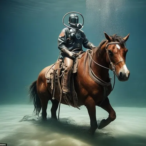 Prompt: Cowboy under the water, his horse is wearing a breathing apparatus over his head