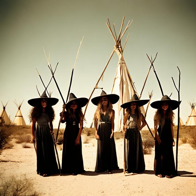 Prompt: Three witches in the desert in front of Teepee holding pickaxes