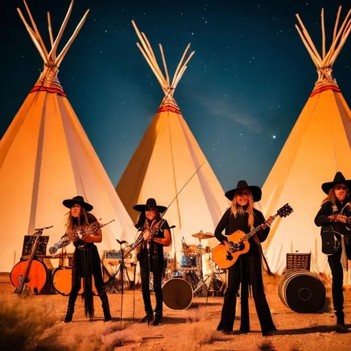 Prompt: all  witch band performing in the desert in front of teepees