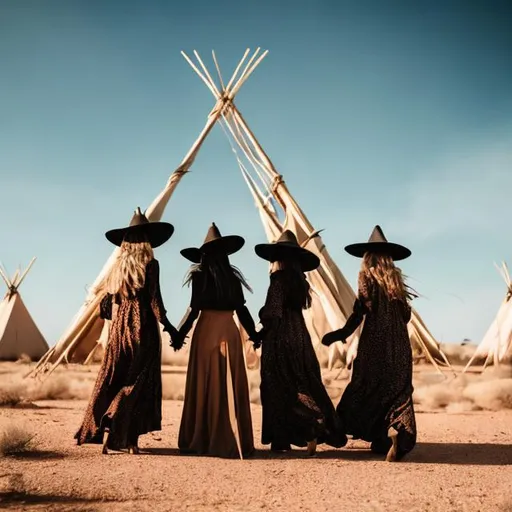 Prompt: Three witches in the desert in front of teepees passionately, kissing