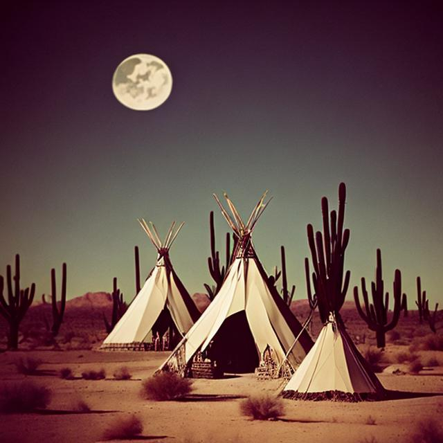 Prompt: Vampire witches in the desert in front of their Teepee rising out of their coffins