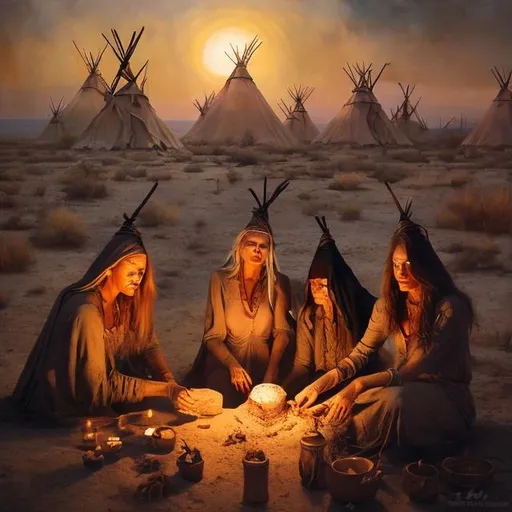 Prompt: Three witches operating on a patient in the desert, teepees in the background, detailed facial features, mystical and eerie, oil painting, dusty earth tones, intense and mystical lighting, high quality, detailed facial features, eerie atmosphere, desert setting, teepees, witchcraft, mystical, detailed figures, professional, atmospheric lighting