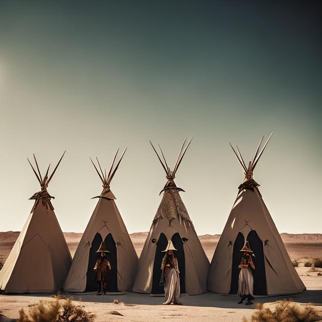 Prompt: Three witches in the desert in front of teepees climbing on a dragon