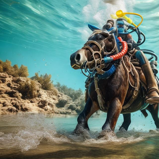Prompt: A horse under the water with a snorkel in his mouth and a cowboy on his back, wearing a scuba gear
