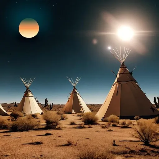 Prompt: Witches in the desert flying around  a ufo trying to capture it above their teepees