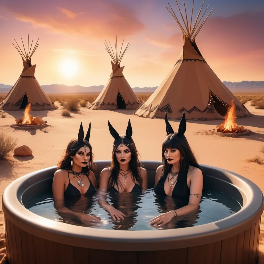 Prompt: Three witches in the desert in front of teepees in a hot tub