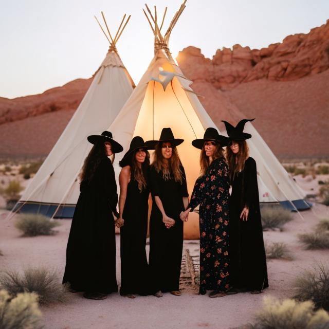 Prompt: Witches standing in front of a Teepee in the desert in a circle, holding hands and chanting