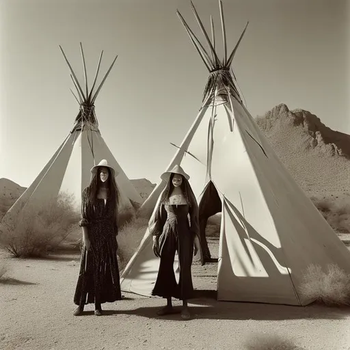 Prompt: Two witches in the desert in front of a Teepee climbing old board of UFO