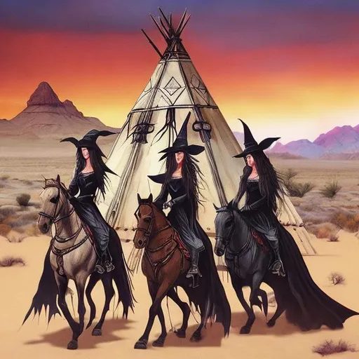 Prompt: Witches is riding off to battle in the desert in front of the Teepee