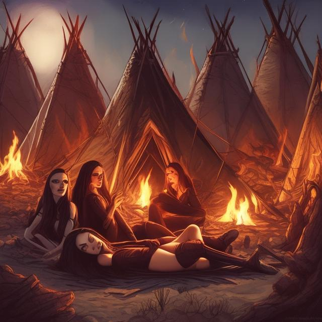 Prompt: Vampire women laying around a fire in the desert in front of their Teepee