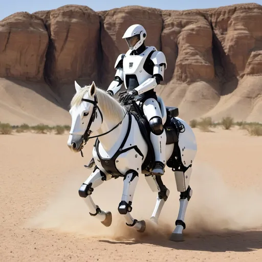 Prompt: Artificial, intelligent robots in the desert on horseback