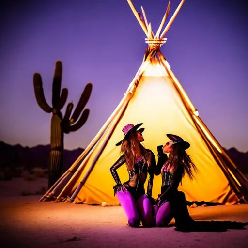 Prompt: Two witches in the desert in front of a Teepee wearing spandex and passionately, kissing