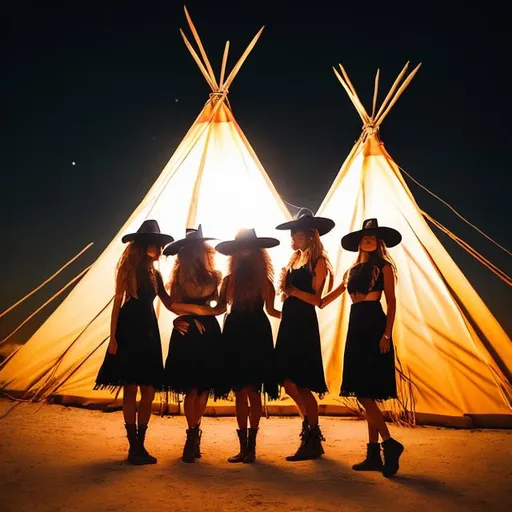 Prompt: Three witches in the desert at night in front of teepees, passionately, hugging, and kissing