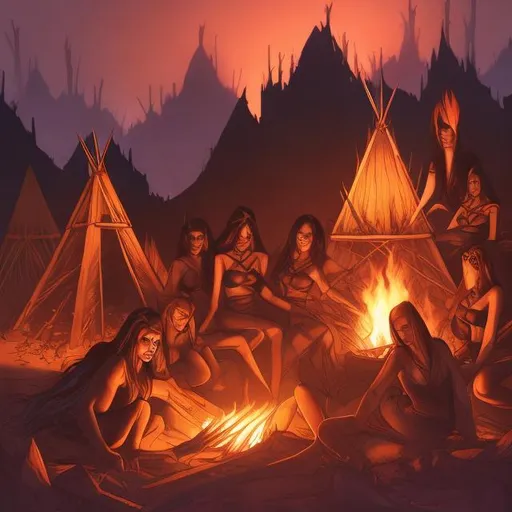 Prompt: Vampire women laying around a fire in the desert in front of their Teepee